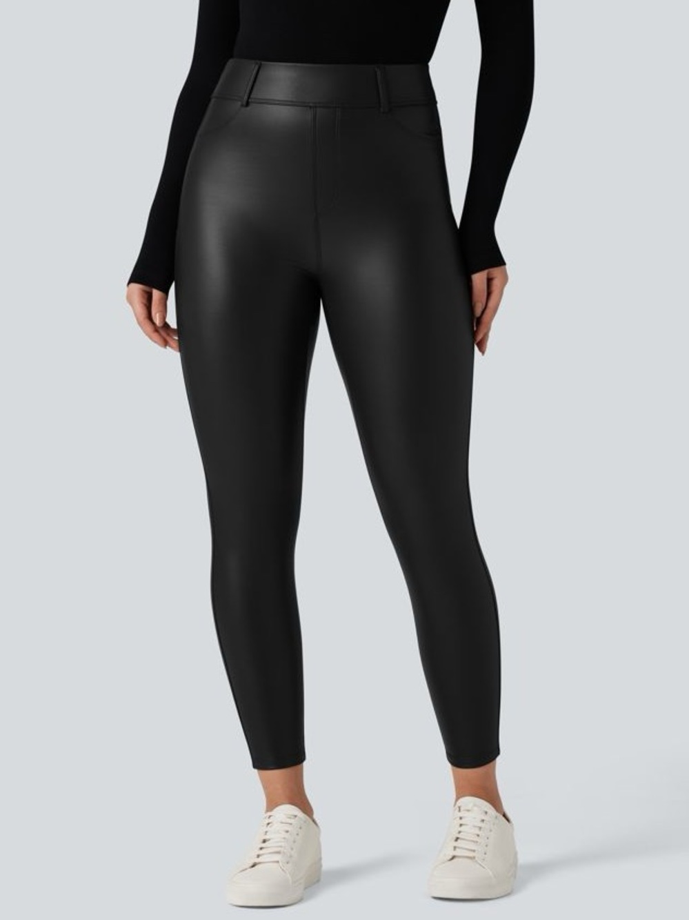 NWT Halara High Waisted Stretchy PU Fleece Causal Leggings Pockets Black Small